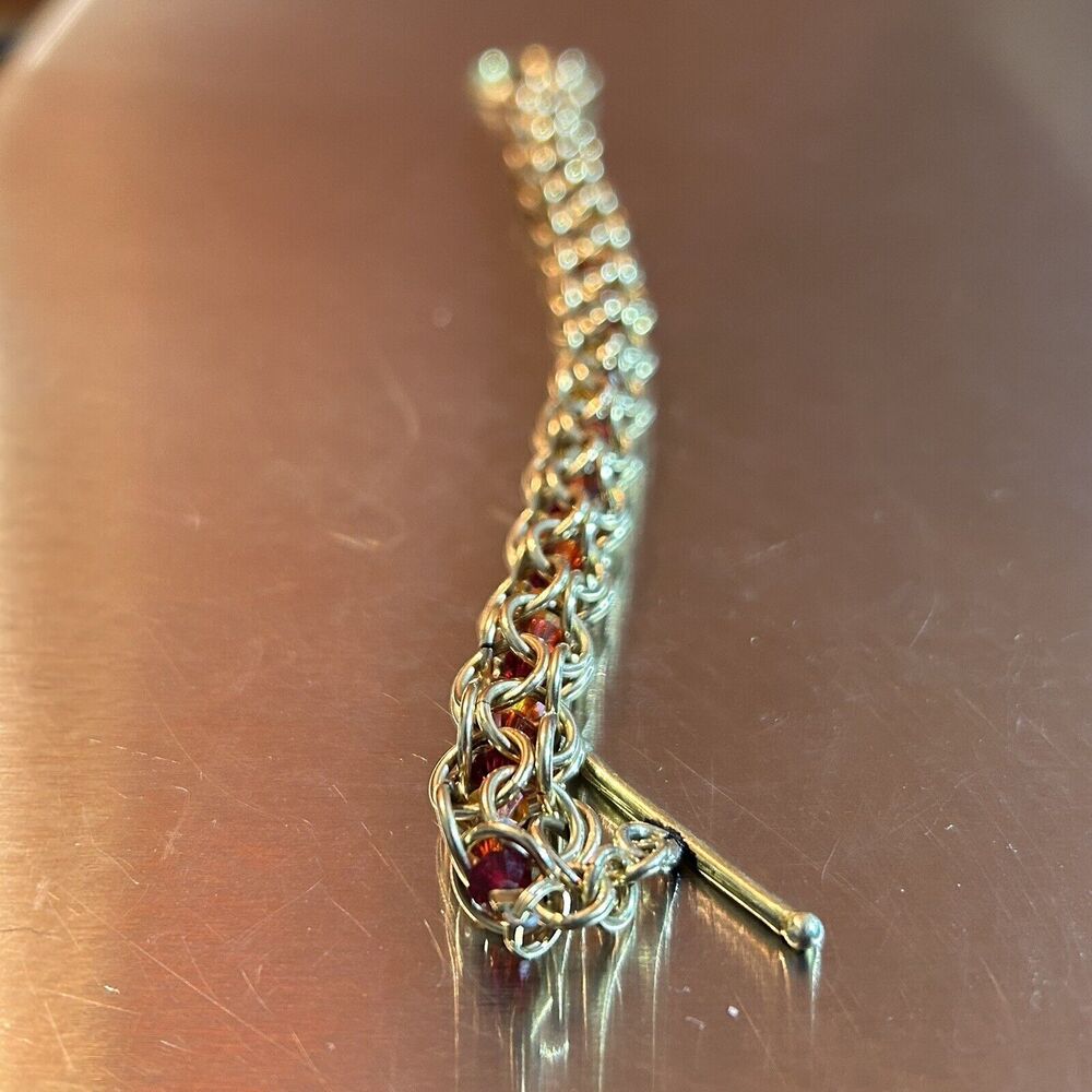 gold Byzantine round Link Bracelet w/ red stones inside - 7”